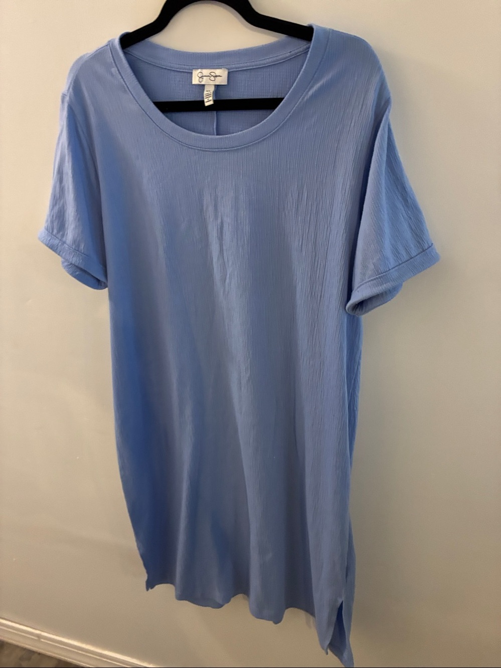 LagenLook Comfy Textured Short Sleeve Light Blue Maxi Dress Side Slits XL